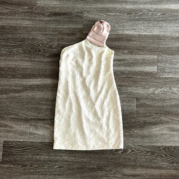 Aidan‎ by Aidan Mattox Blush Ivory One-Shoulder Lace Cocktail Dress & Bow Size 8 - Picture 1 of 11